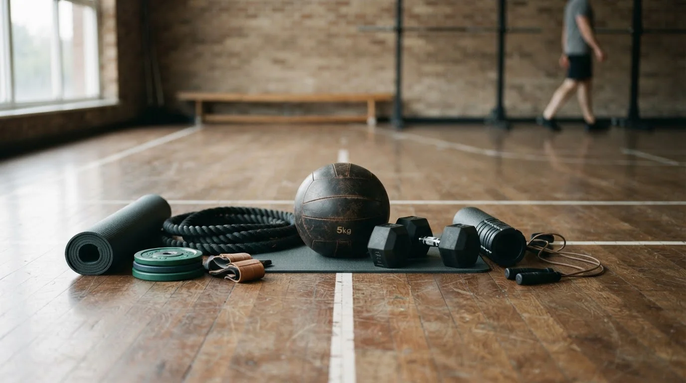 Sportgeräte auf einer ruhigen Arbeitsfläche