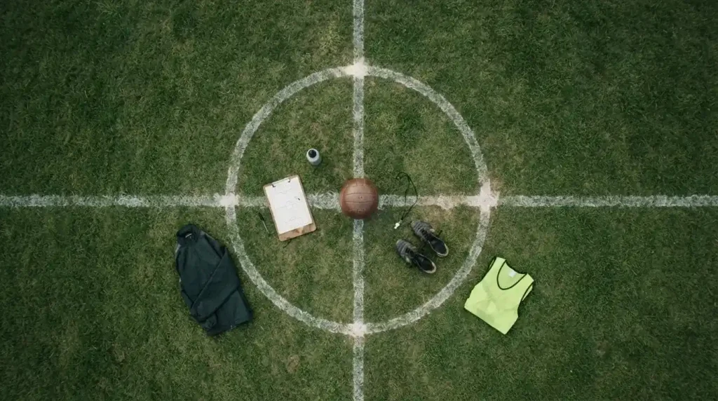 Weiße Markierungen eines Fußballfelds bei natürlichem Licht.